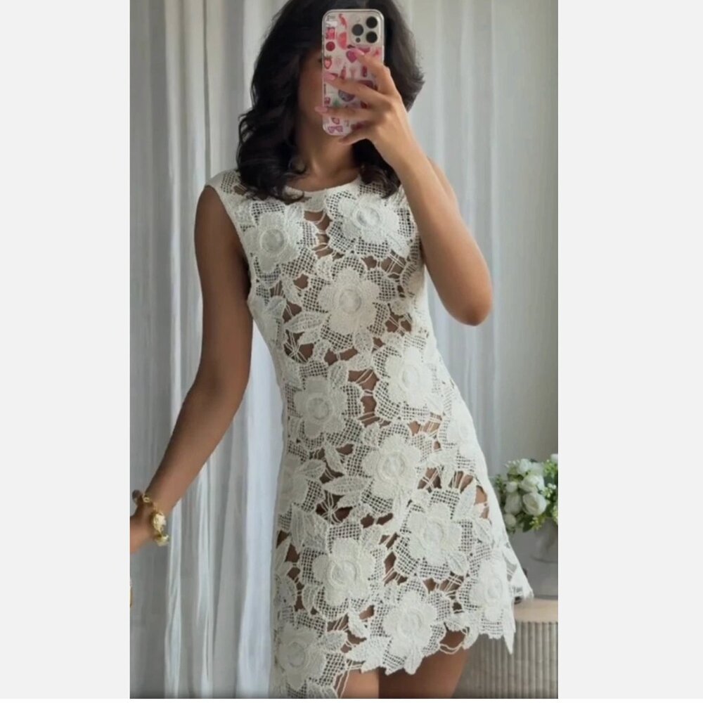 Zara ZW collection White Floral Lace Mini Dress - Picture 5 of 9